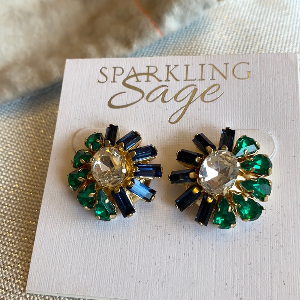 Sparkling Sage Green and Blue Rhinestone Earrings